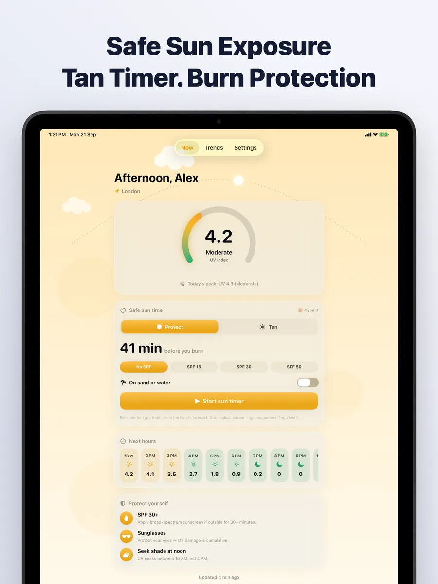 UV Safe Tan on iPad: Safe sun exposure, tan timer and burn protection