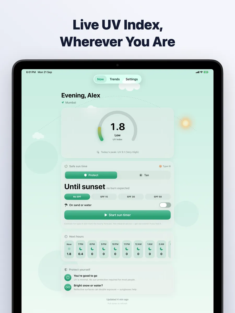 UV Safe Tan on iPad: Live UV index, wherever you are